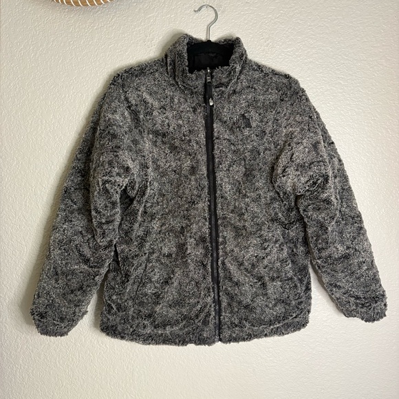 REVERSIBLE North Face Puffer Jacket Fuzzy Fleece Black Gray Girls Jacket XL - Picture 1 of 10